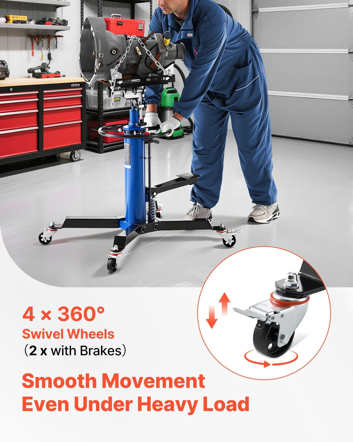 Hydraulic Transmission Jack, 1660 lbs / 0.75 Ton Lifting Capacity Telescoping Transmission Jack with Foot Pedal, 360° Swivel Wheel, 34.6-69.3 in High Lifting Height, Lift Hoist for Garage/Shop
