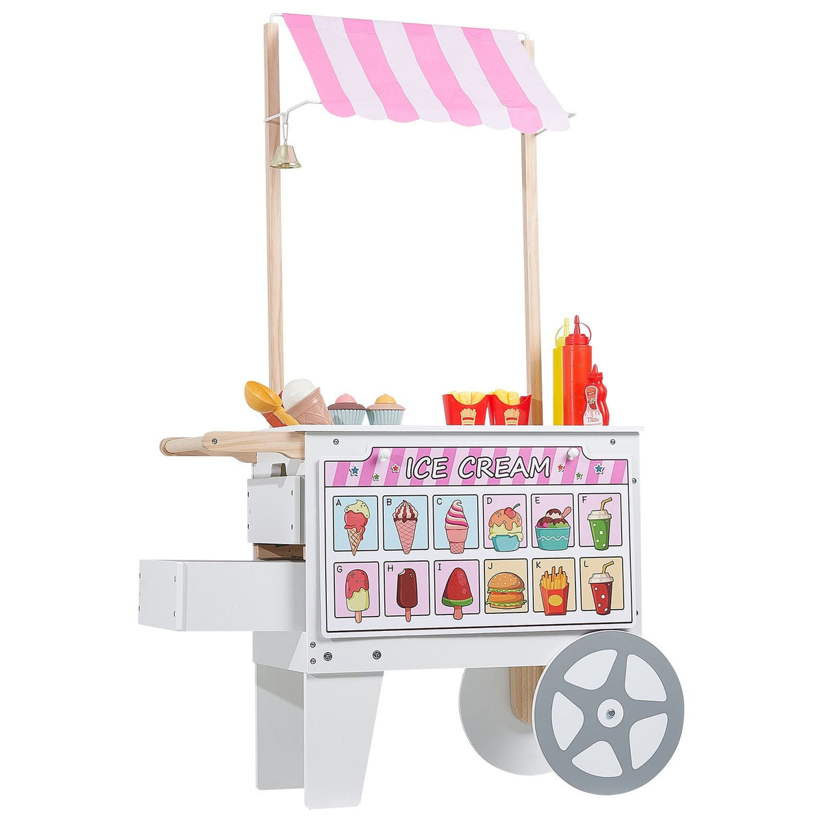 Ice Cream Cart for Kids, 20+ PCS Accessories, Pretend Play Ice Cream Shop Kitchen Food Toys with Ice Cream Cone & Popsicle, Awning & Freezer, Storage Drawers & Flipping Menus, For Kids Aged 3-7