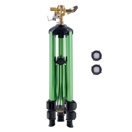 Impact Sprinkler on Tripod Base, Heavy Duty Tripod Sprinklers with Brass Head & 3/4" Connector, 360 Degree Large Area Coverage Irrigation Sprinkler, Adjustable Heights Sprinkler for Yard Green