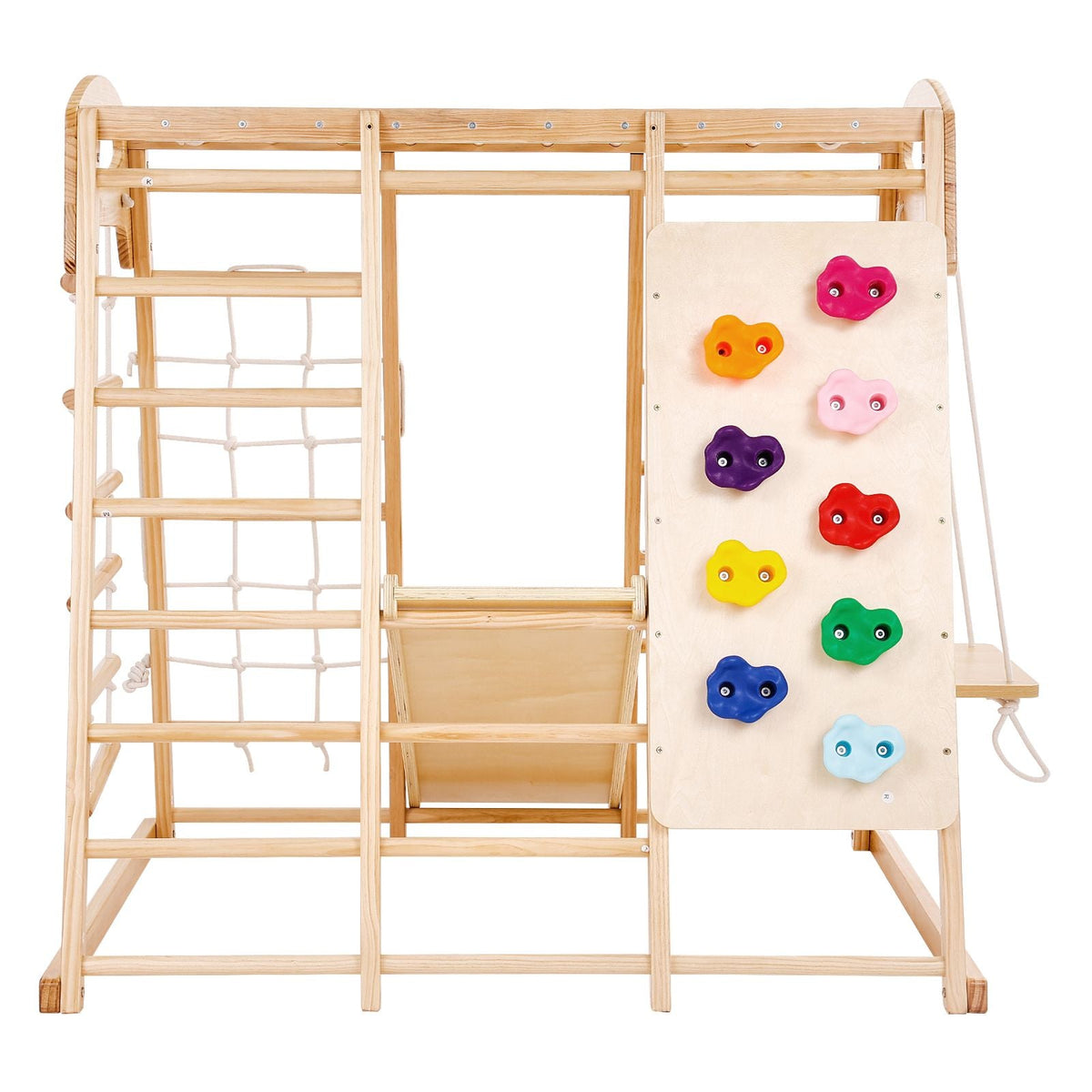 Indoor Jungle Gym, 7-in-1 Toddler Indoor Playground, Wooden Toddler Climbing Toys Indoor with Wood & Rope Ladder, Net Ladder, Swing, Monkey Bar, Slide, Climbing Wall, 43 x 47.2 x 47in
