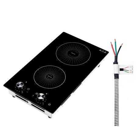 Induction Cooktop 12inch 2 Burners Built-in Electric Stove 220V 3500W, Induction Burner for Kitchen, with 11 Power Levels, Knob Control, Ceramic Glass Surface, Child Lock