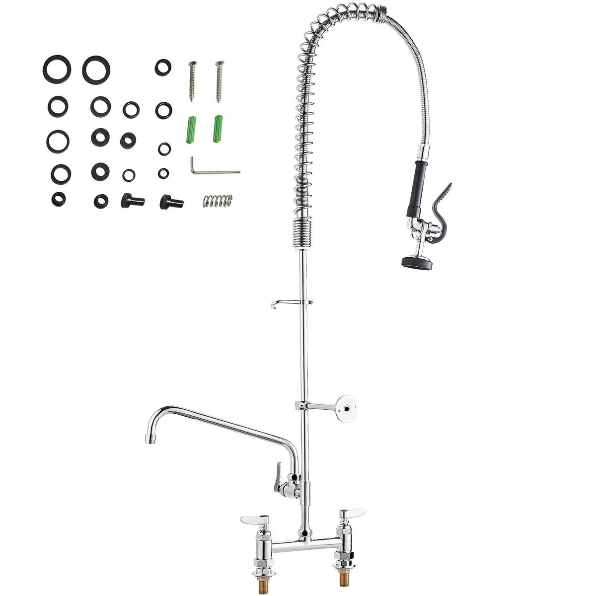 Industrial Sink Faucet, 44" Tall, 8" Install Space, 12" Rotating Spout, Surface Mount, Brass-Made with Extendable Sprayer, Suitable for Single/Triple Basin