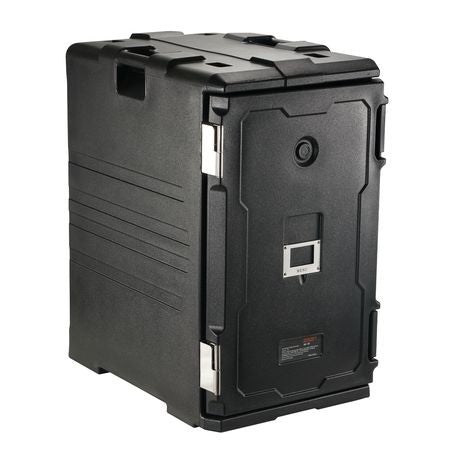 Insulated Food Pan Carrier, 109 Qt Hot Box for Catering, LLDPE Food Box Carrier w/Double Buckles, Front Loading Food Warmer w/Handles, End Loader w/Wheels for Restaurant, Canteen, etc. Black