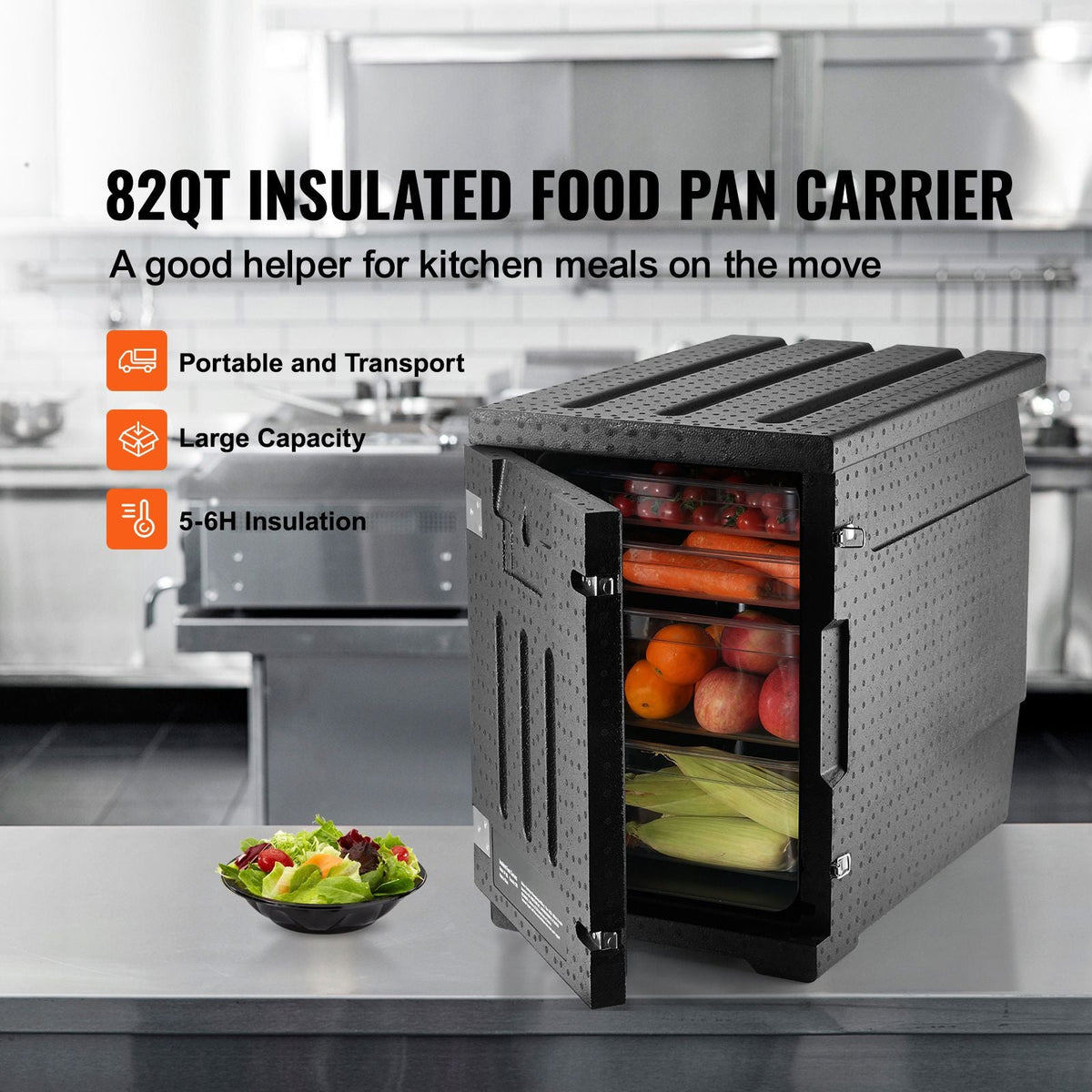 Insulated Food Pan Carrier, 82 Qt Hot Box for Catering, LLDPE Food Box Carrier with Double Buckles, Front Loading Food Warmer for Restaurant, Canteen, etc.