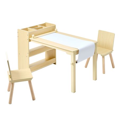 Kids Art Table and Chair Set, Toddler Craft Table with 3 Tiers Storage Cabinet, Wooden Kids Activity Play Desk with 2 Chairs, Craft Play Desk for Reading, Learning, Drawing, Writing, Light Wood