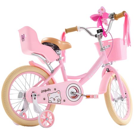 Kids Bike, 16 Inches Princess Style Children Bicycle with Streamers & Basket, Rider Height 3.28 ft - 4.27 ft, Doll Seat & Training Wheels Included, Toddler Bike for Girls Learning to Ride, Pink