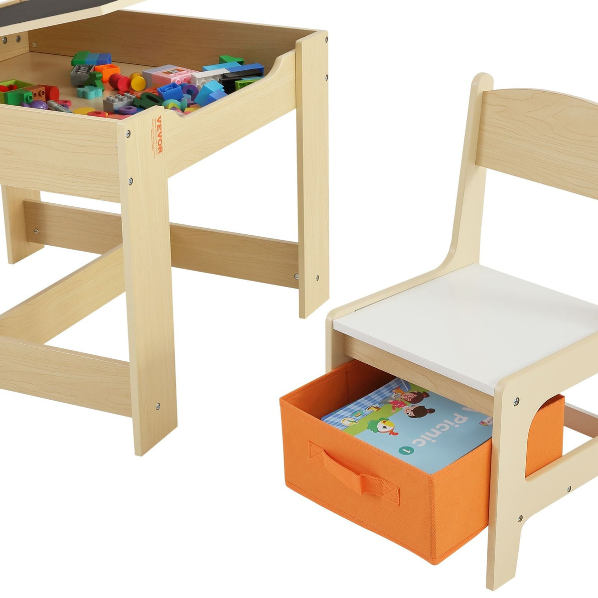 Kids Table and Chair Set, Wooden Activity Table with Storage Space and Boxes, Kids Play Table for Toddlers Art, Craft, Reading, Learning