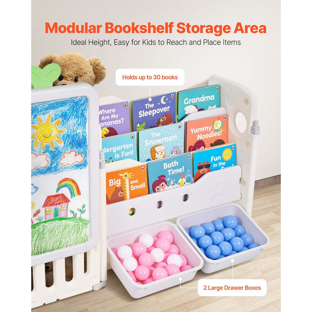 Kids Toy Storage with Bookshelf, 4-Tier Large Toy Storage Organizer with 10 Plastic Movable Bins, Kids Cubby Cabinet with Bookshelf and Drawing Board for Study Room, Playroom, Classroom, Nursery