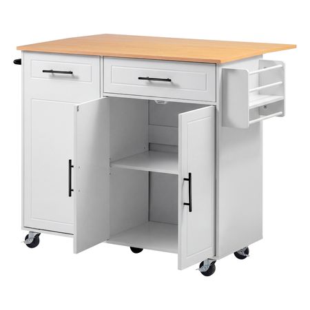 Kitchen Island Cart with Storage, 46.06 in Wide Mobile Rolling Storage Island on Swivel Wheels, with Drawer, Storage Cabinet, Drop Leaf, Spice/Towel Rack, Table for Home Dining Room, White