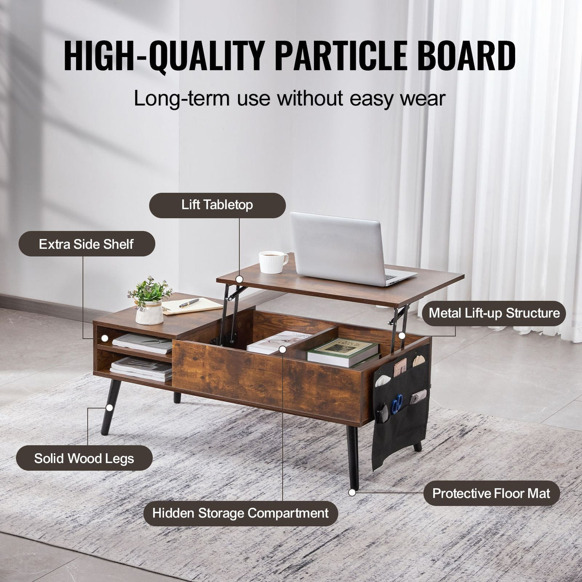 Lift Top Coffee Table, 39.4 in Rectangle Coffee Table with Extra Storage Pockets, Pop Up Coffee Table for Living Room, Brown