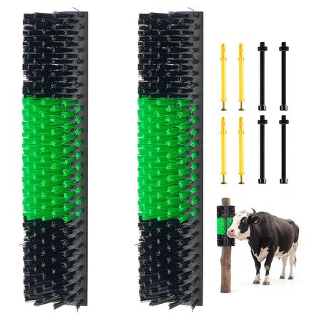 Livestock Scratching Brush, 2PCS Goat Scratcher Brush Post with 8 Screws, 16.9" x 7.5" Cow Scratcher for Back Itch Relief, Massage Grooming Scratch Tool for Horse Cattle Sheep Pig, Green & Black