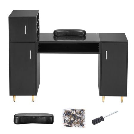 Manicure Table, Glass Top Nail Desk, Makeup Dressing Nail Station with Storage Cabinets, Acetone-Resistant Nail Tech Table for Spa Beauty Salon Workstation with Wrist Rest, 8 Metal Legs, Black
