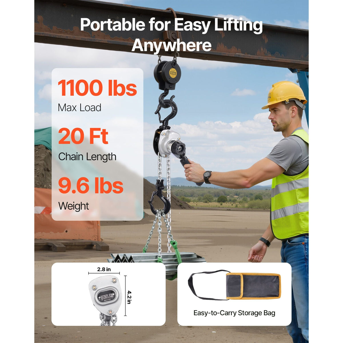 Manual Lever Chain Hoist, 1/2T 1100LBS Capacity Heavy Duty Come Along, 20FT Lift G80 Alloy Steel Chain With Dual Pawl Mechanical Brake,360°Rotating Hooks, for Warehouse Construction Garage