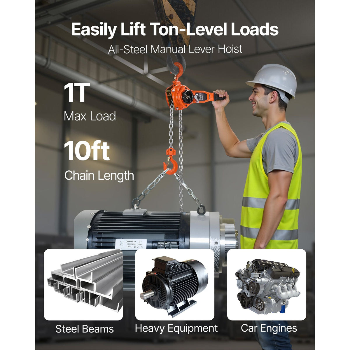 Manual Lever Chain Hoist, 1T 2200LBS Capacity Heavy Duty Come Along, 10FT Lift G80 Alloy Steel Chain With Dual Pawl Mechanical Brake,360°Rotating Hooks, for Warehouse Construction Garage