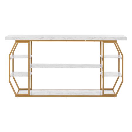 Marble Console Table, 3 Tiers Modern Console Table for Open Storage, Golden Geometric Table with Iron Tubes, Anti-Tip Device and Triangular Support for Living Room, Hallway, Entryway, Foyer