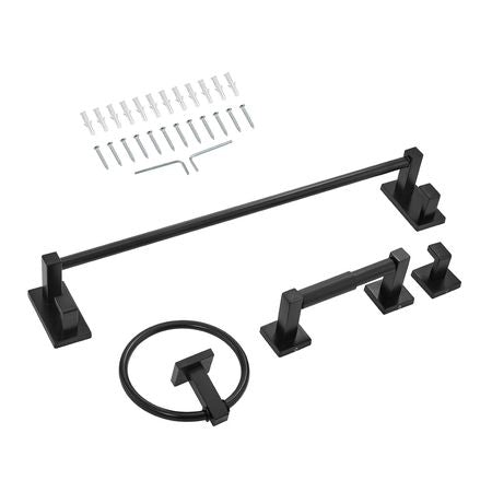 Matte Black Bathroom Hardware Set, 4 Pieces Stainless Steel Bathroom Accessories Set, 24-inch Towel Bar, Towel Ring, Robe Towel Hook, Toilet Paper Holder, for Bath Room, Wall Mounted
