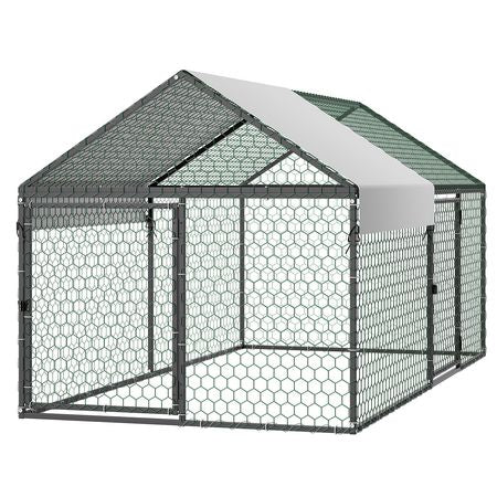 Metal Chicken Coop for 4-6 Chickens, 3.3 x 6.6 x 3.3 ft, Small Chicken Cage with Waterproof Cover & Double Doors, Spire Roof Poultry Run Compatible with Wooden Coops, for Rabbit Hen Goose Duck