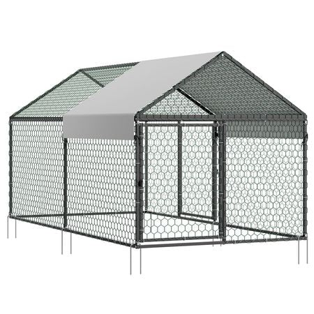 Metal Chicken Coop for 4-6 Chickens, 3.3 x 6.6 x 3.3 ft, Small Chicken Cage with Waterproof Cover & Double Doors, Spire Roof Poultry Run Compatible with Wooden Coops, for Rabbit Hen Goose Duck
