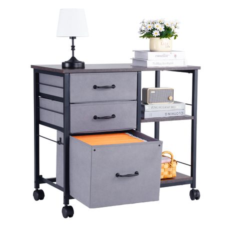 Metal File Cabinet, Mobile Filing Cabinet with 3 Fabric Drawers and 2 Open Shelves, Wooden Vertical Filing Storage Cabinets with Wheels for Letter, A4, Legal Size File, Easy Assembly, Brown