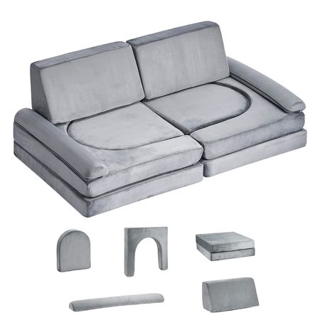 Modular Kids Play Couch, Sectional Toddler Sofa with Armrests, 28D Sponge & Short Pile, Convertible Kids Modular Couch DIY Creative Combination for Playroom, Bedroom, Living Room, 10 Pcs, Gray