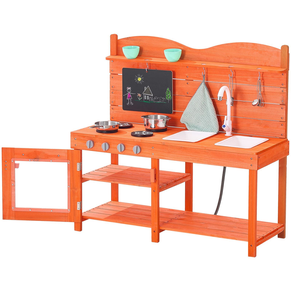 Mud Kitchen for Kids, Wooden Toy Play Kitchen Set, Outdoor Toddler Grocery Store Playset for Boys & Girls, Pretend Play Kitchen with Stoves, Sink, Faucet, Blackboard, Cookware Pots, Accessories