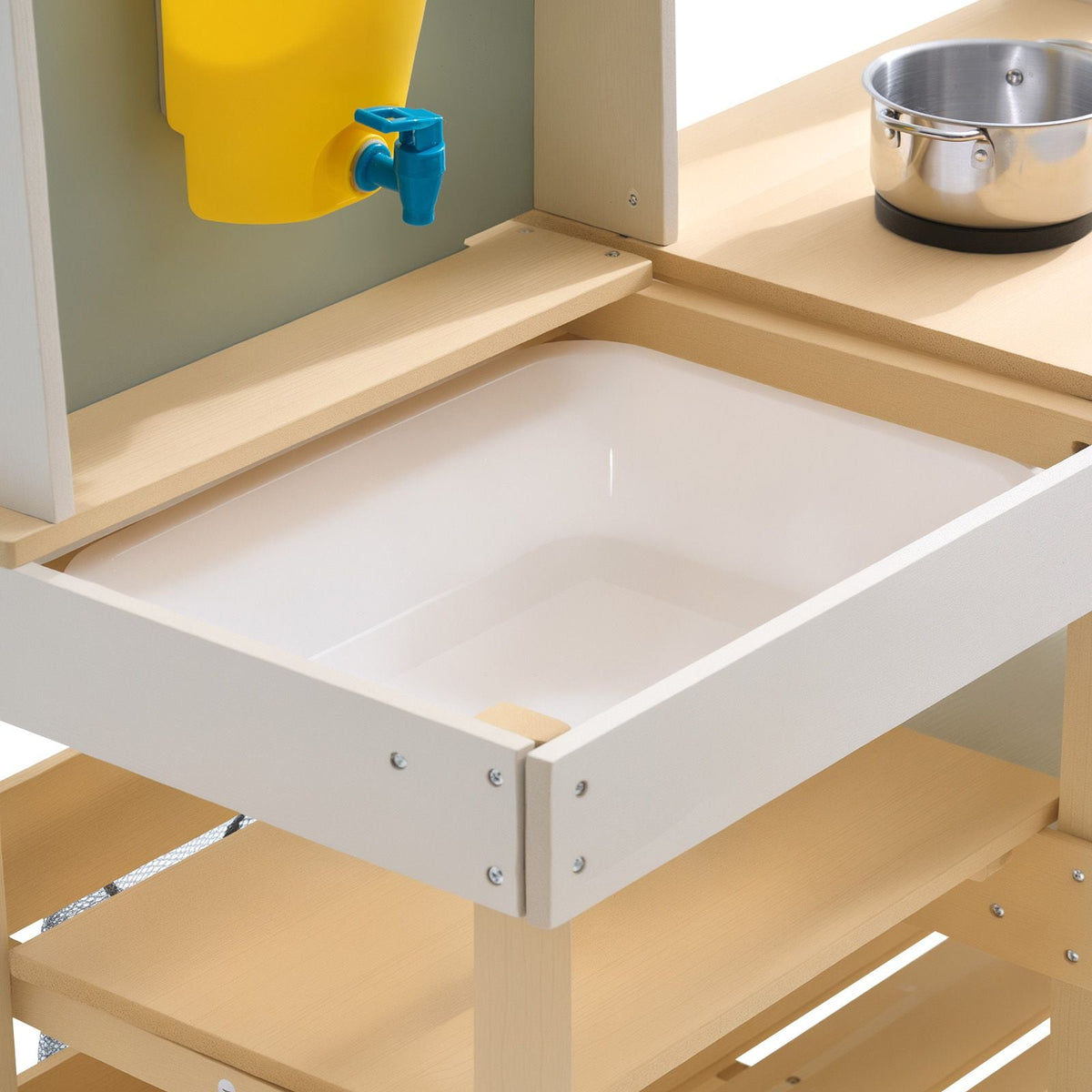 Mud Kitchen for Kids, Wooden Toy Play Kitchen Set, Outdoor Toddler Grocery Store Playset, Pretend Play Kitchen with Stoves, Tank, Faucet, Storage Bag, Metal Baskets, and Cookware Pots