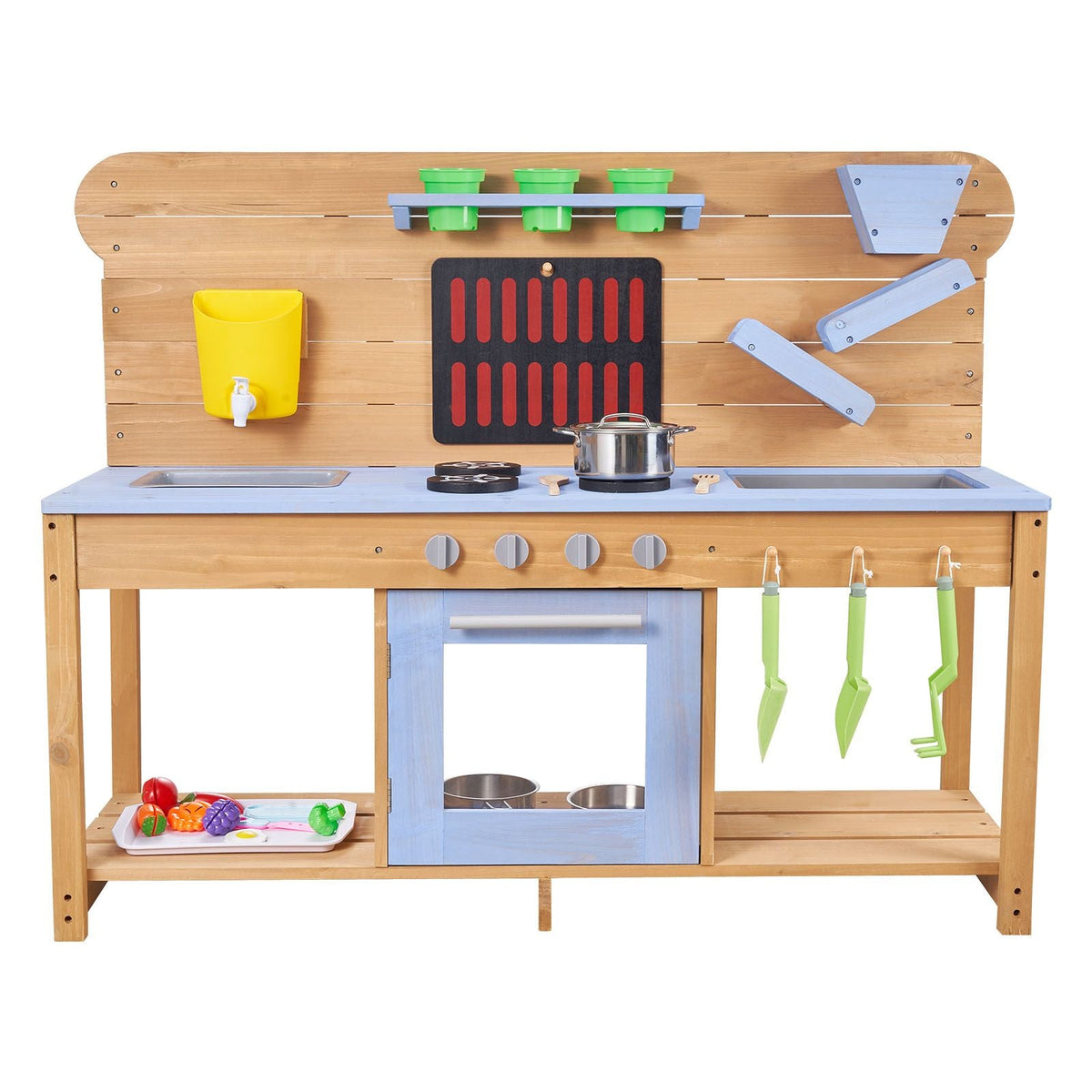 Mud Kitchen, Outdoor Mud Kitchen for Kids, Wood Outdoor Play Kitchens with Stoves, Hooks, Double Sinks, Planting Shovels, Spatulas, Cookware Pots and Accessories, Play with Water and Sand