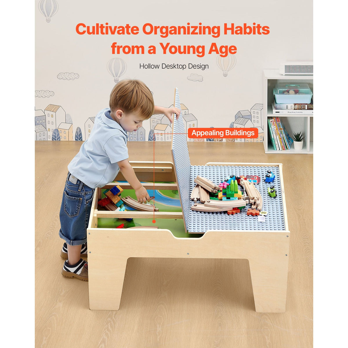 Multi-Purpose Activity Play Table, 290 Building Bricks and 30-Piece Wooden Train Set Railway, Vehicles, Tracks and Accessories, Wooden Kids Activity Table with Storage Area for Kids Ages 3+