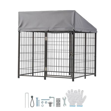 Outdoor Dog Kennel, 3.67 x 3.78 x 4.1 ft Large Dog Kennel with Secure Lock, Outside Dogs Enclosures with UV-Resistant & Waterproof Roof Cover, Heavy Duty Pet Crate Cage Run for Large Dogs