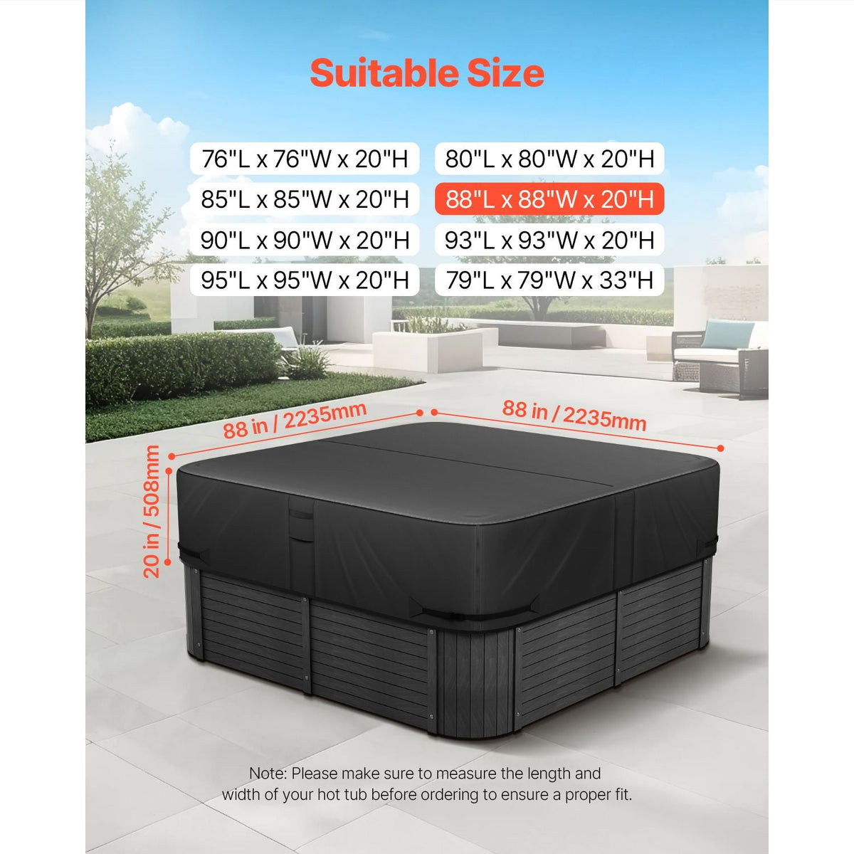 Outdoor Hot Tub Cover, 88 x 88 x 20 Inch Weatherproof and Waterproof Hot Tub Cover Protector, 600D Heavy Duty Oxford Fabric and 950N Tearing Strength, Square Spa Covers for Hottub, Black