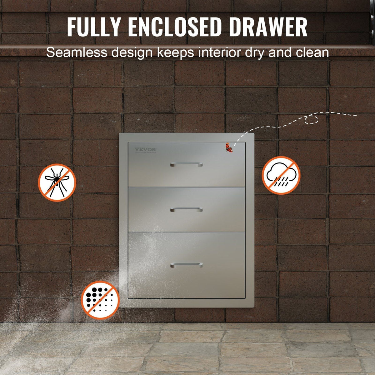 Outdoor Kitchen Drawers 14" W x 20.3" H x 23" D, Flush Mount Triple Access BBQ Drawers Stainless Steel with Handle, BBQ Island Drawers for Outdoor Kitchens or Patio Grill Station