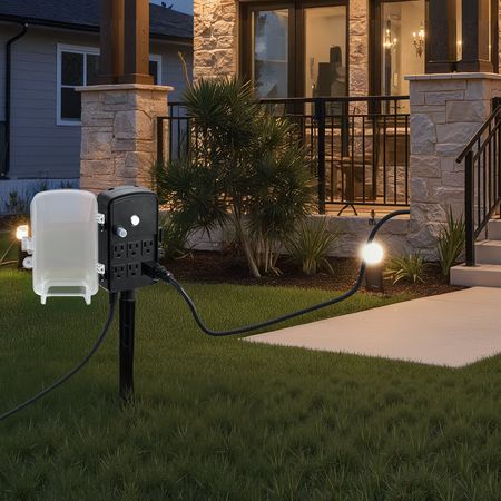 Outdoor Power Stake, 50 FT Extension Cord, Outdoor Power Strip Weatherproof with Cover and Overload Protection, 6 Outlets, 15A/1875W, Waterproof Multi-Outlet Yard Stake for Christmas Lights