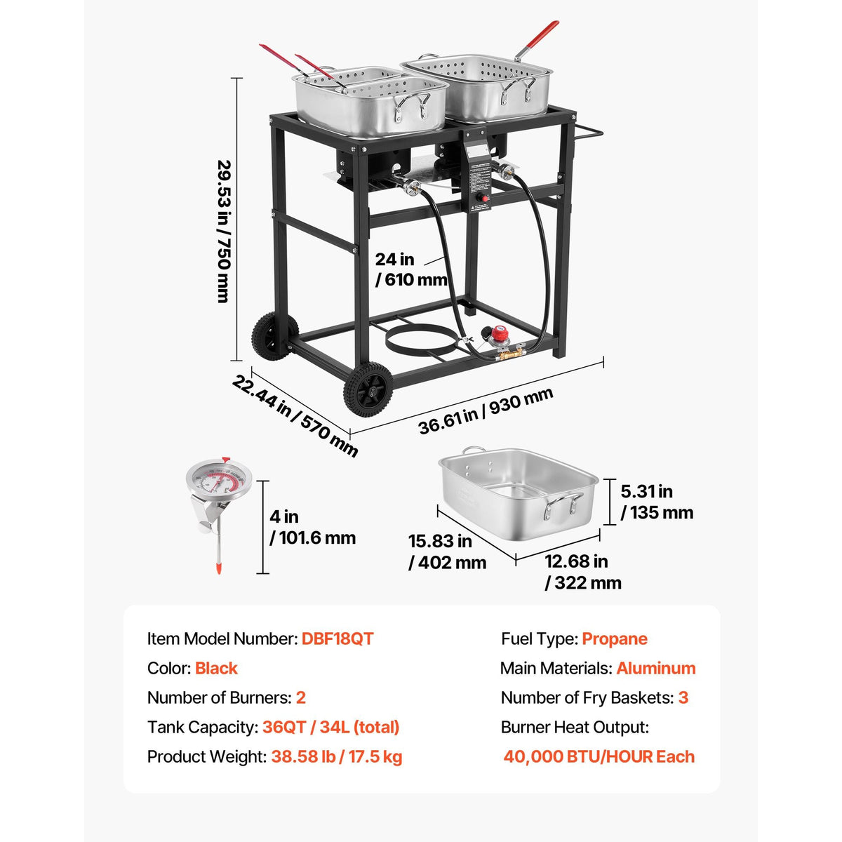 Outdoor Propane Deep Fryer, Dual-Tank 18QTx2 Commercial Fryer, Multi-Purpose Portable Frying Cart with Wheel, 3 Basket, 2 Thermometer, Stainless Steel Cooker for Fish Fry Wings Fries, 40,000 BTU