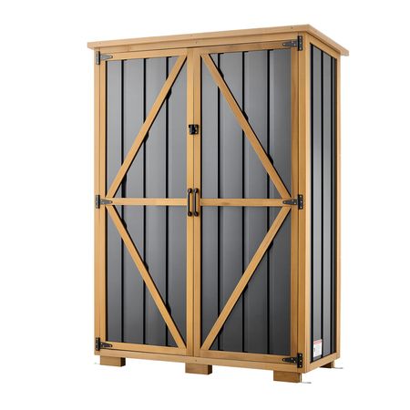Outdoor Storage Shed, 46.06" x 62.99" Wood & Metal Garden Tool Shed with Lockable Doors & Sloped Roof, Waterproof Outside Storage Cabinet with Shelves/Floor for Backyard Patio Lawn, Black/Brown