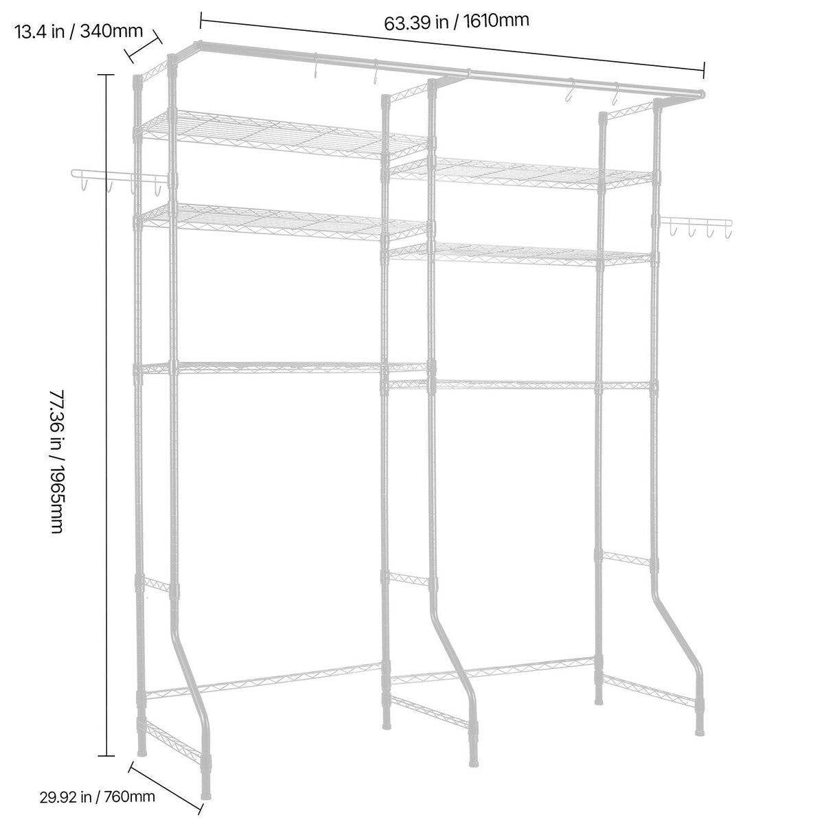 Over Washer and Dryer Storage Shelves, 6 Tiers Laundry Room Drying Rack with Hanger Rod and Hooks, Two Rows Adjustable Washer Shelves Space Saver, for Laundry Room Storage & Organization, White