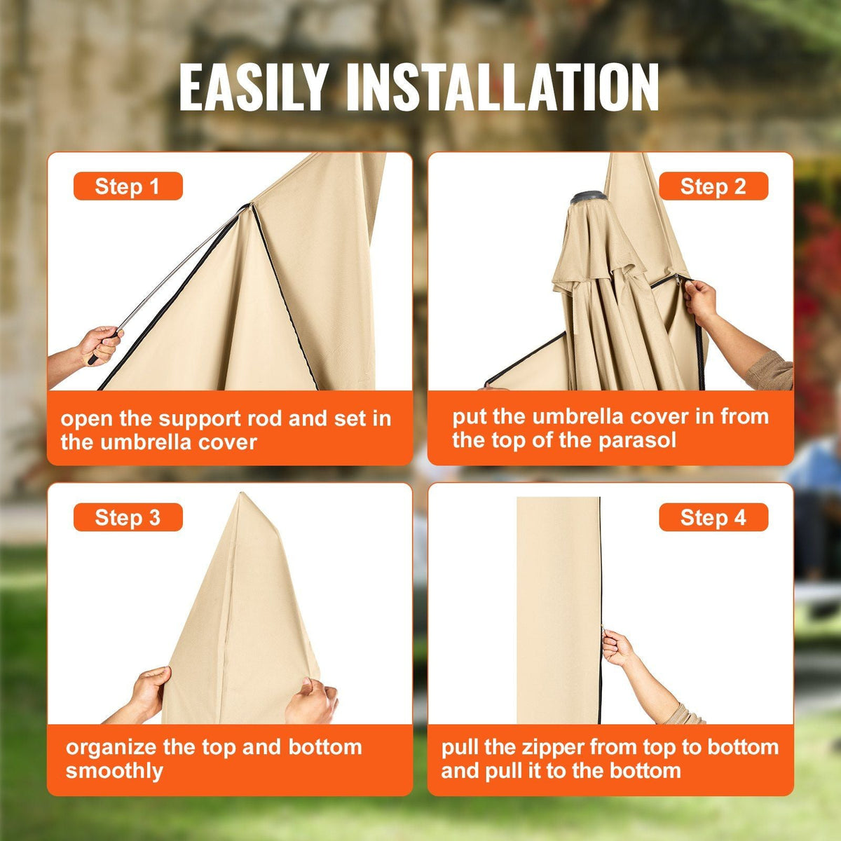 Patio Umbrella Cover for 7ft to 13ft Offset Umbrellas, Water Resistant PU 2000mm, Outdoor Umbrella Cover with Zipper and Rod, Beige