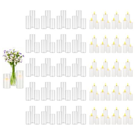 Pillar Candles and Glass Vases Set 120 Pcs, Clear Cylinder Hurricane Candle Holders for Wedding Centerpieces, Tall Vase for Table Decor, Wedding Party,Thanksgiving,White (2.56" x 4.7",5.9",7.9")