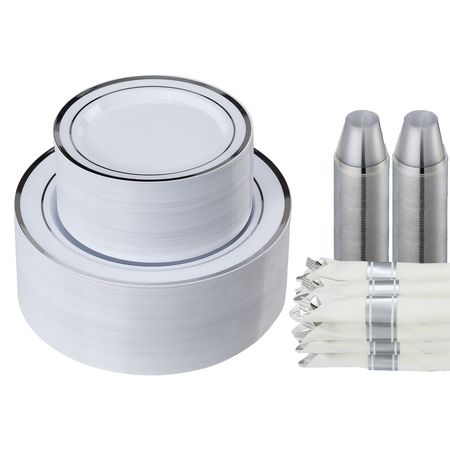 Plastic Disposable Plates, 350 Pcs Plastic Dinnerware Set, Include 50 Dinner Plates, 50 Dessert Plates, 50 Pre-Rolled Napkins, 50 Forks, 50 Knives, 50 Spoons, and 50 Cups, for Party and Wedding