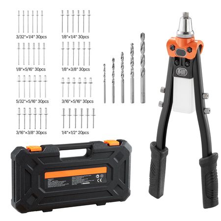Pop Rivet Gun Kit, with 230 Blind Rivets, Two-Handed Riveter with 5 Interchangeable Nosepieces, 5 Drill Bits, and a Carrying Case, Manual Riveting Tool for Metal, Automotive, Home, and DIY