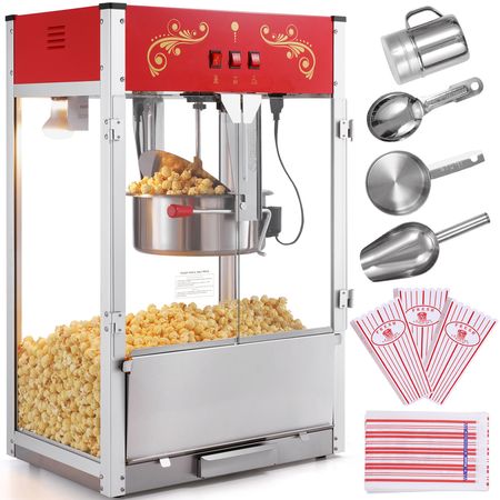 Popcorn Maker, 1615W Popcorn Popper Machine, 16 Oz Kettle Large Capacity Countertop Popcorn Maker with Tempered Glass, Includes 3 Stainless Steel Scoops, Movie Theater Style, Red