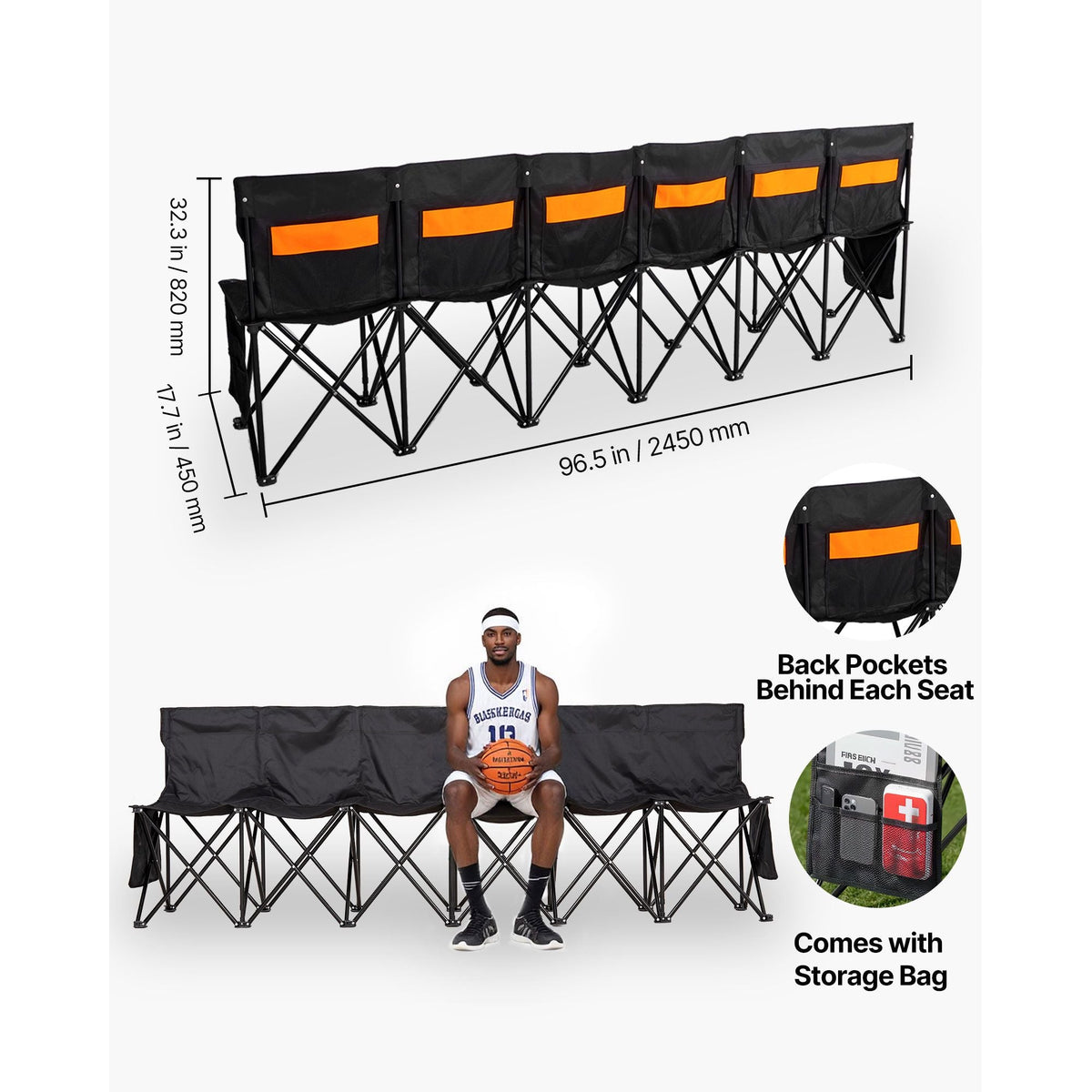 Portable Folding Bench, 6 Seat Soccer Bench with Multiple Storage Pockets & Carrying Bag, Lightweight Sideline Seating with Back Rest for Football, Baseball, Camping, Outdoor Events, Black