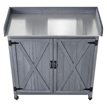 Potting Bench Table, Outdoor Gardening Wooden Storage Cabinet with 36 x 16 in Galvanized Iron Tabletop, Garden Planting Workstation with Large Storage Space, 4 Casters for Patio, Backyard, Gray