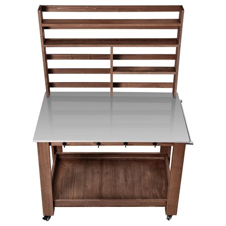 Potting Bench Table, Outdoor Gardening Workstation with 45 x 26 in Stainless Steel Tabletop, Storage Shelves, 4 Casters, Hooks, Garden Planting Work Station for Outside Patio, Backyard, Brown