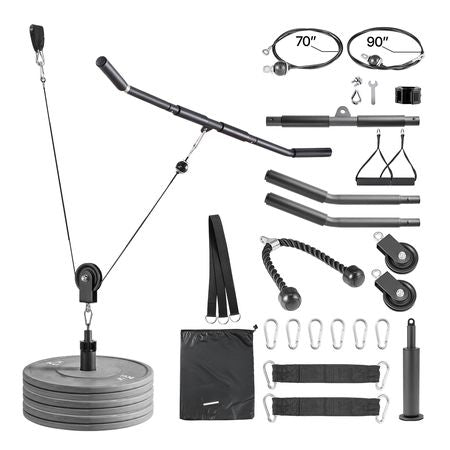 Pulley System, 2 PCS LAT and Lift Pulley System, Gym Rack Pulleys Attachment with two Steel Cables, Short Bar, Dual Grip Handles, Cable Machine for Bicep, Shoulder, Back, Up to 330 lbs Capacity