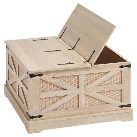 Rattan Coffee Table, Rectangle PE Rattan Woven Wood Coffee Table with MDF Top, 32-Inch Modern Boho Style Storage Coffee Table with Retro Metal Hinges, for Living Room, Bedroom & Small Spaces