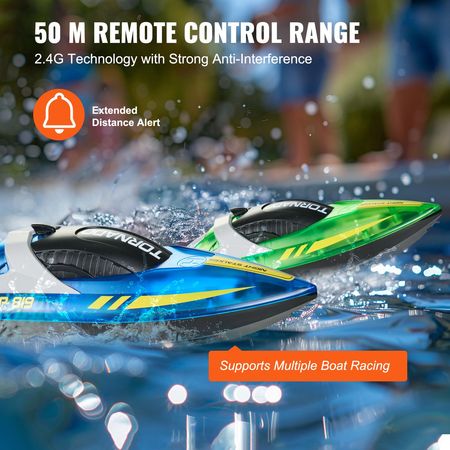 RC Boat, 2 Pack 2.4GHz 12 km/h, Remote Control Boat for Pools & Lakes, Racing Boat with LED Light, 4 Rechargeable Batteries, Whole Body Waterproof, Gift for Adults Boys & Girls, Blue & Green