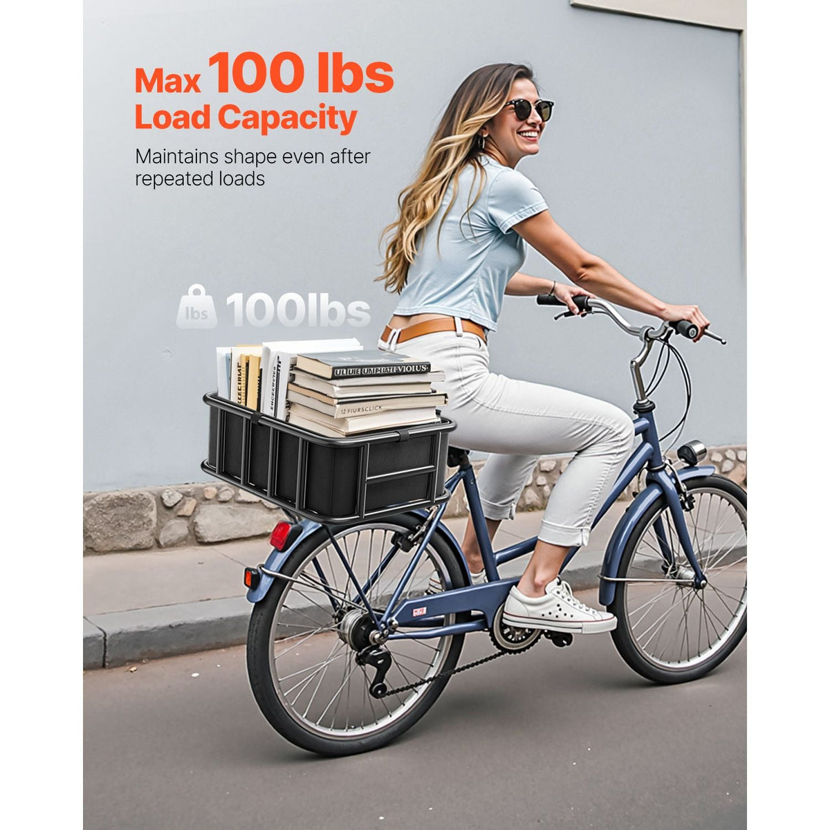 Rear Bike Basket, Medium Bicycle Basket with Cargo Net, Liner & Waterproof Cover, Heavy Duty Bike Back Basket for Adult Women/Men Carrying Dogs, Pets, Fruit & Grocery, Mounting Tools Included