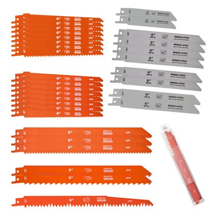 Reciprocating Saw Blades, 32-Piece, Various Sizes Bi-Metal Reciprocating Saw Blade Set with Universal Shank, for Metal and Wood Cutting, Sharp Teeth for Fast and Smooth Cuts, Orange and Gray