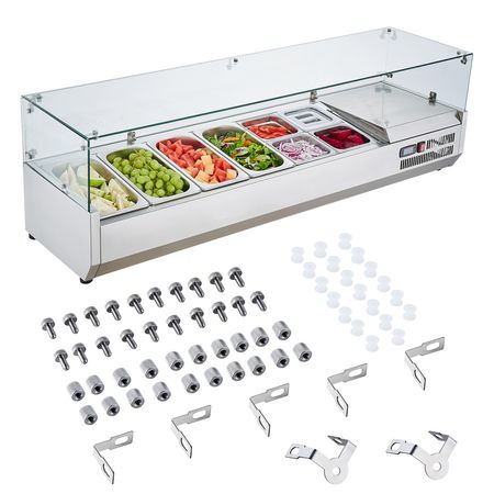 Refrigerated Condiment Prep Station, 150 W Countertop Refrigerated Condiment Station, with 4 1/3 Pans & 4 1/6 Pans, 304 Stainless Body and PC Lid, Sandwich Prep Table with Glass Guard, ETL