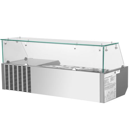 Refrigerated Condiment Prep Station, 40-Inch, 7.8Qt Sandwich Prep Table with 1 1/3 Pan & 4 1/6 Pans, 150W Salad Bar with 304 Stainless Body Tempered Glass Shield Digital Temp Display Auto Defros
